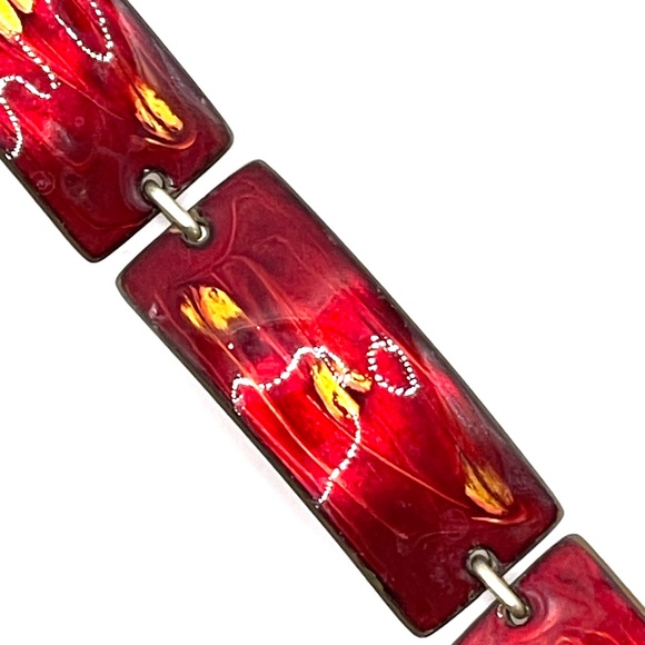 Marco Signed Vintage Copper Ruby Red Enamel Rectangle Link Bracelet 7" - Picture 9 of 12